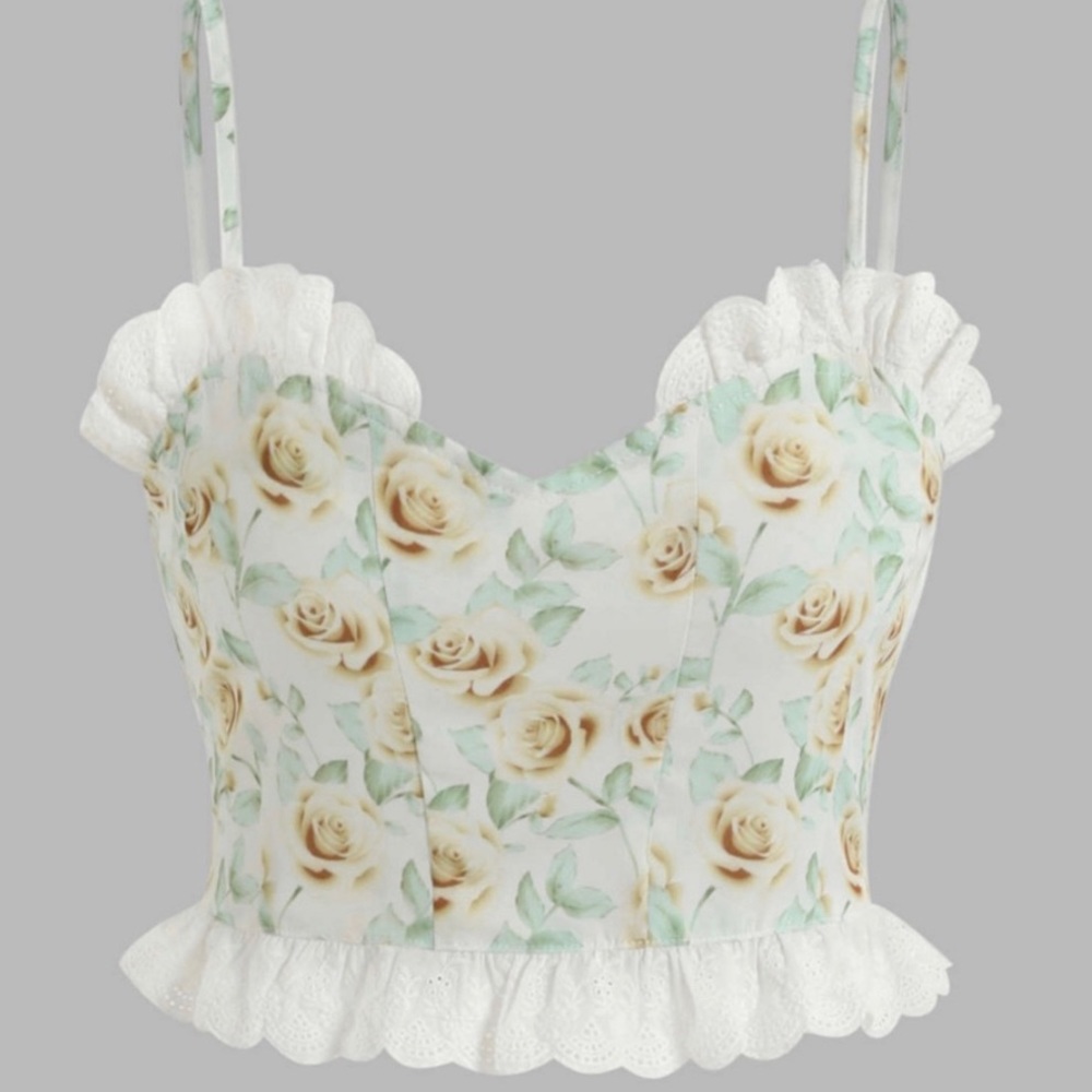 NWT Cottagecore Light Green Floral Ruffle Trimmed Corset Cropped Tank Top